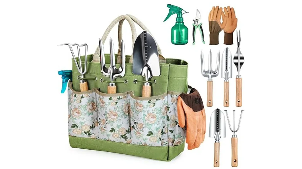 Grenebo Gardening Tools 9-Piece Heavy Duty Gardening Hand Tools with Fashion and Durable Garden Tools Organiser Handbag