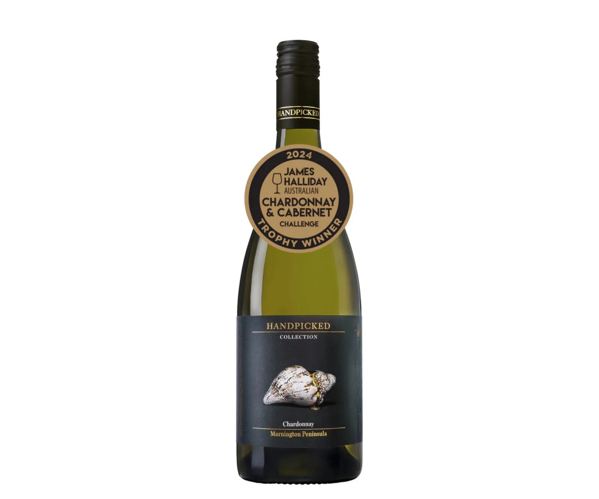 bottle of chardonnay with additional label on top that lists it as a trophy winner of james halliday challenge