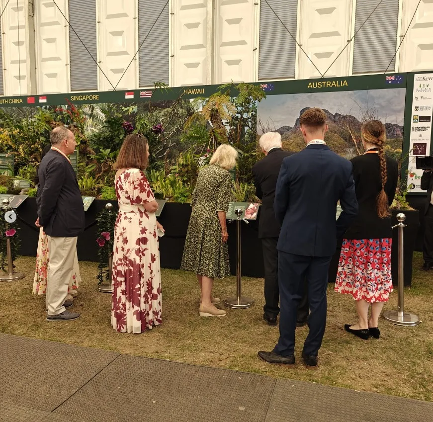 queen camilla viewing the australia zone in orchids in the wild exhibit from the chelsea flower show
