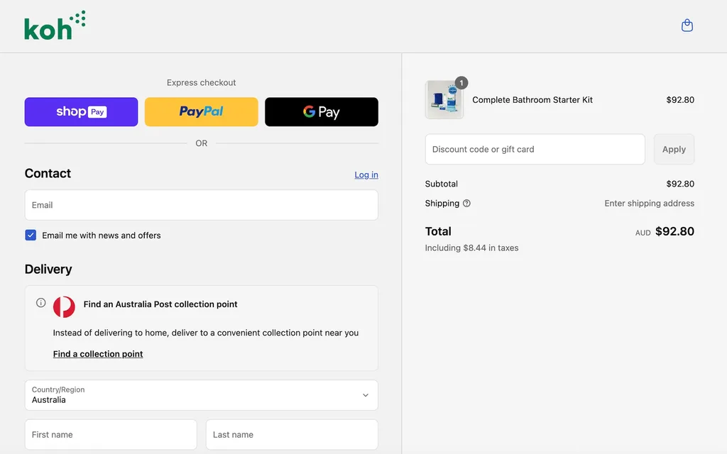 A screenshot of the Koh checkout on a desktop computer, with the discount code field on the right side of the screen.