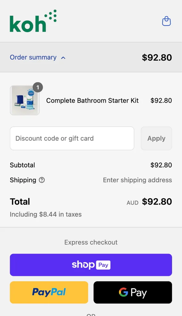A screenshot of the Koh checkout on mobile, with the Order Summary dropdown and discount code field visible on mobile.