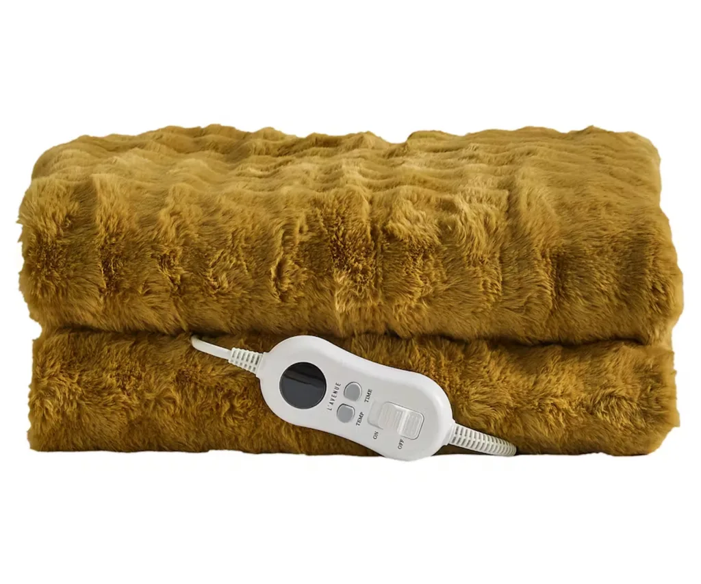 mustard heated throw blanket made of fleecy faux fur