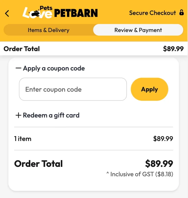 A screenshot of the Petbarn checkout with the coupon code field visible.