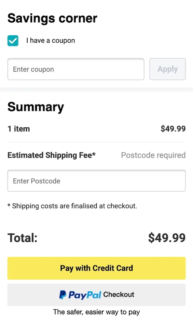 A screenshot of a Pet Circle shopping cart with the "Savings corner" heading and coupon code section before the summary and payment options.