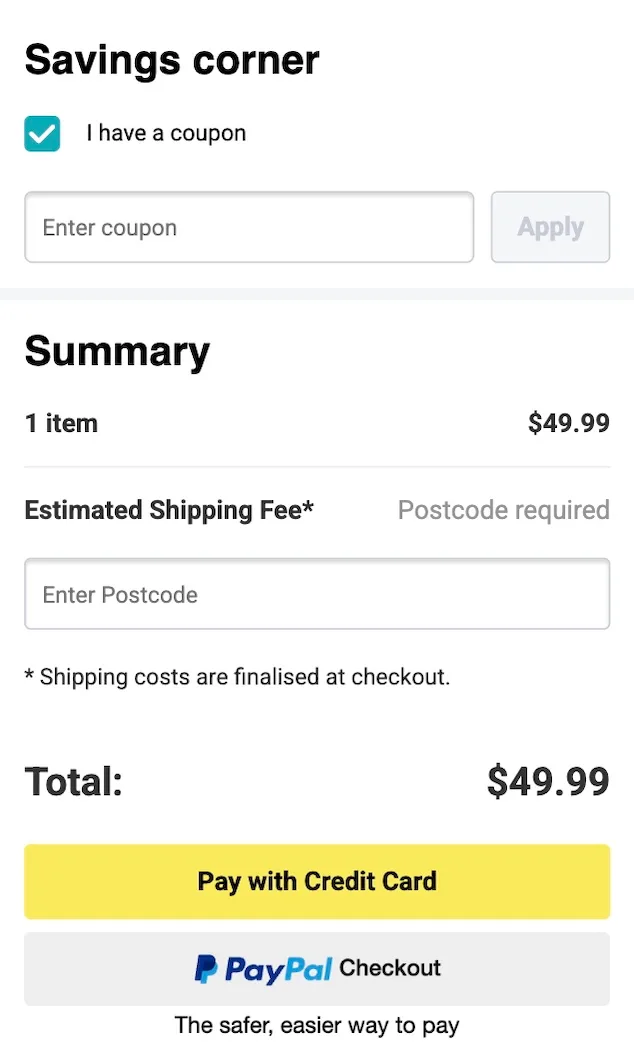 A screenshot of a Pet Circle shopping cart with the "Savings corner" heading and coupon code section before the summary and payment options.