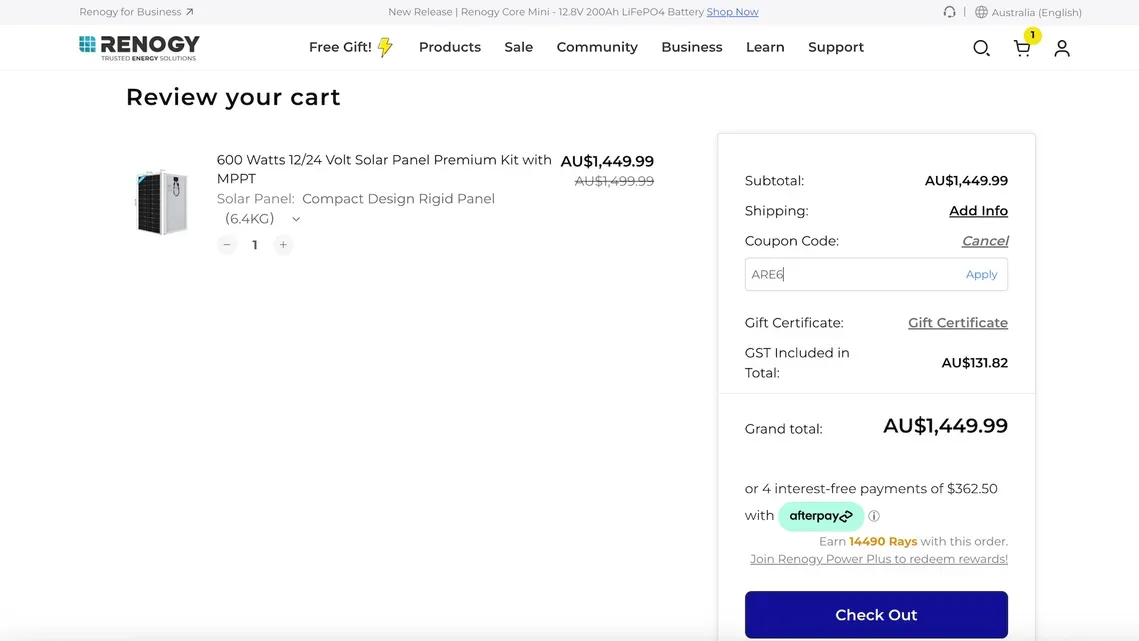 Renogy checkout on desktop showing coupon code field on the right for entering a Renogy discount code