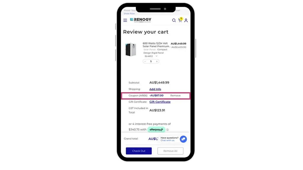 Mobile view showing savings applied with a Renogy discount code during checkout
