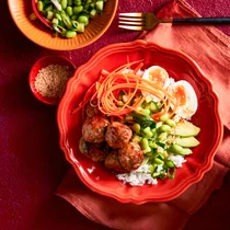 Teriyaki meatball rice bowl with edamame salad