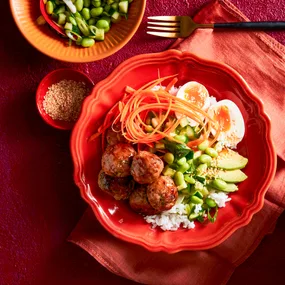 Teriyaki meatball rice bowl with edamame salad