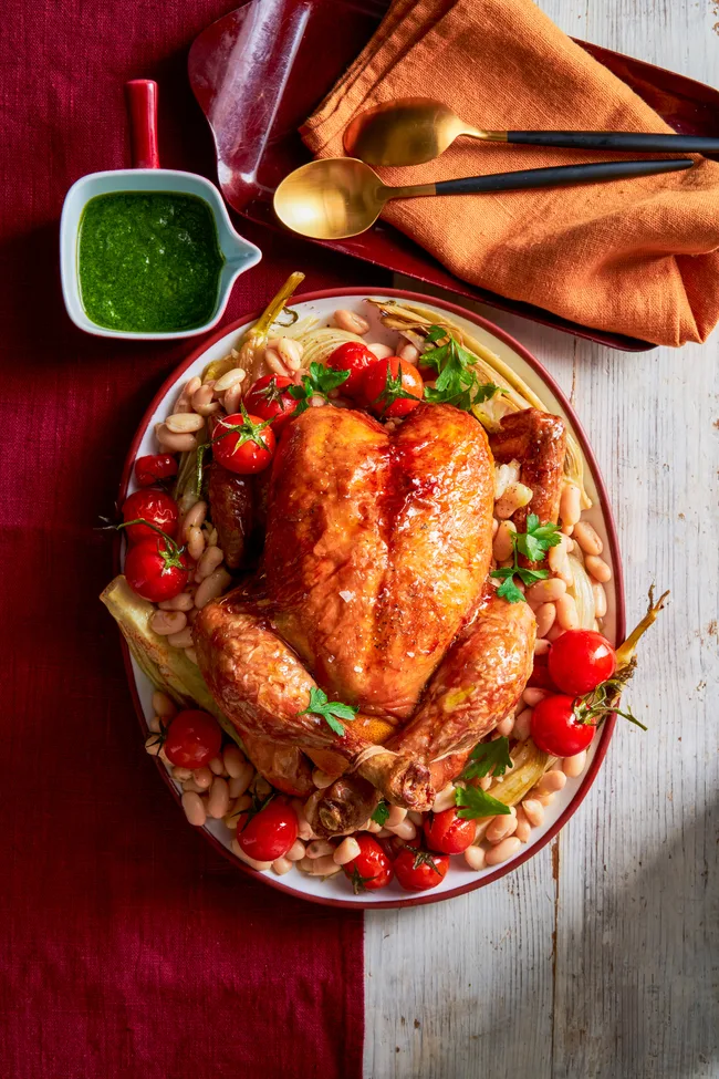 Roast chicken on white beans