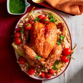 Roast chicken with braised fennel and cannelini beans