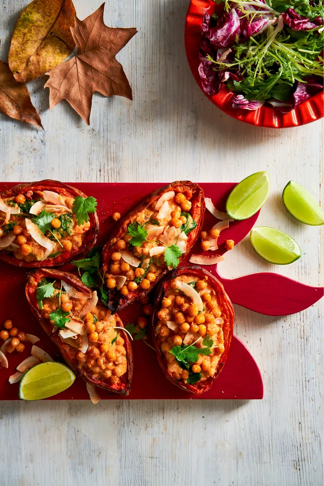 sweet potato skins with chickpea curry on top