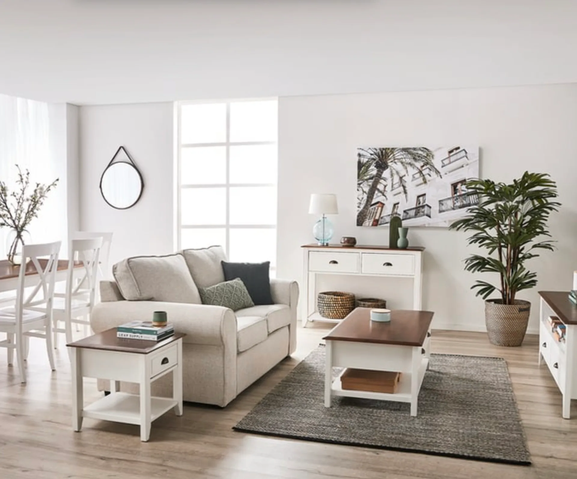 Fantastic Furniture's Torkay package includes a 6-seater dining set, coffee table, 190cm entertainment unit and a lamp table.