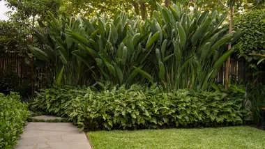 Tropical style garden with lush lawn that looks like Buffalo grass lawn