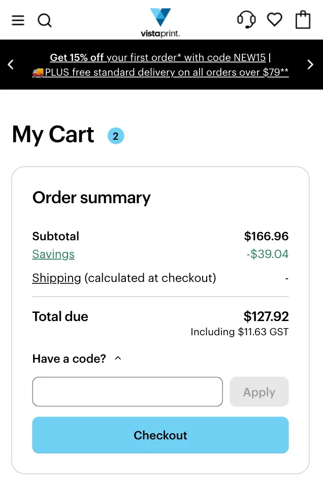 A screenshot of the Vistaprint discount code field on a mobile phone.