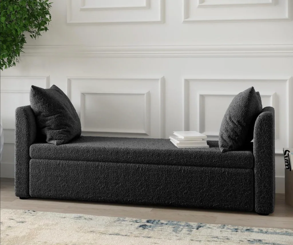 Zamira 151cm Boucle Storage Bench with Throw Pillows in charcoal.