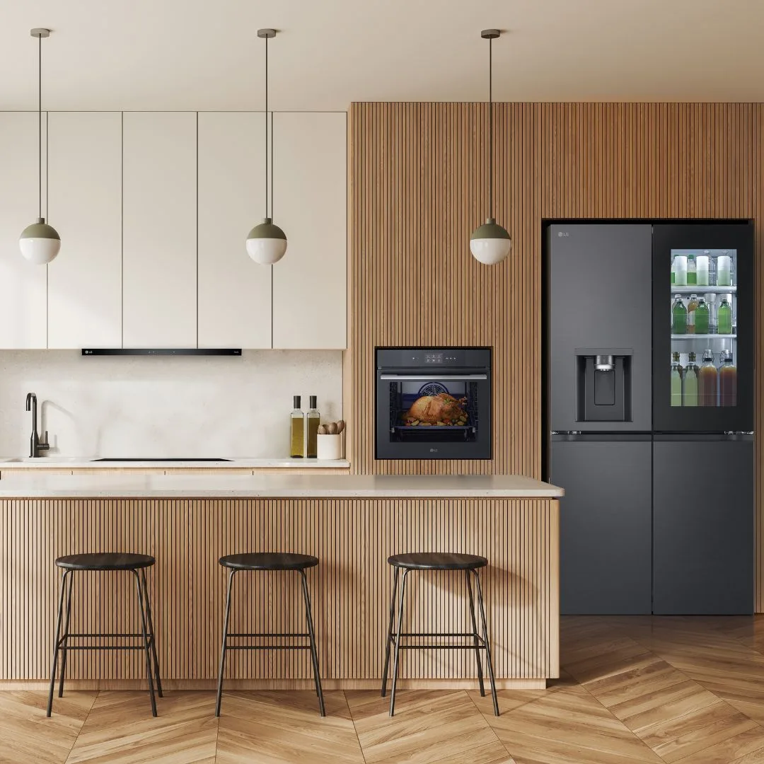 Lg kitchen appliances in time style kitchen with island bench and pendant lighting