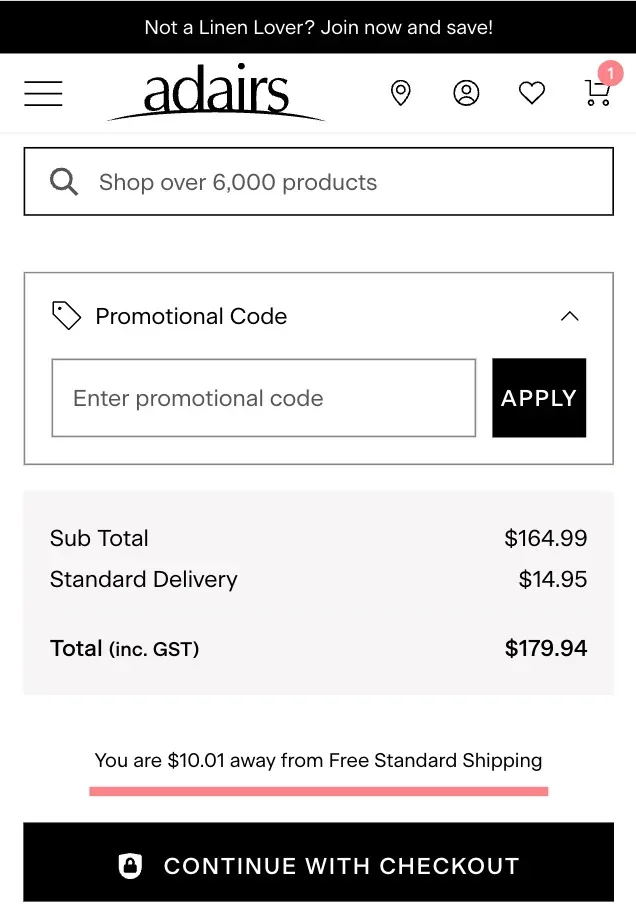 A screenshot with the Adairs coupon code section under "Promotional Code".
