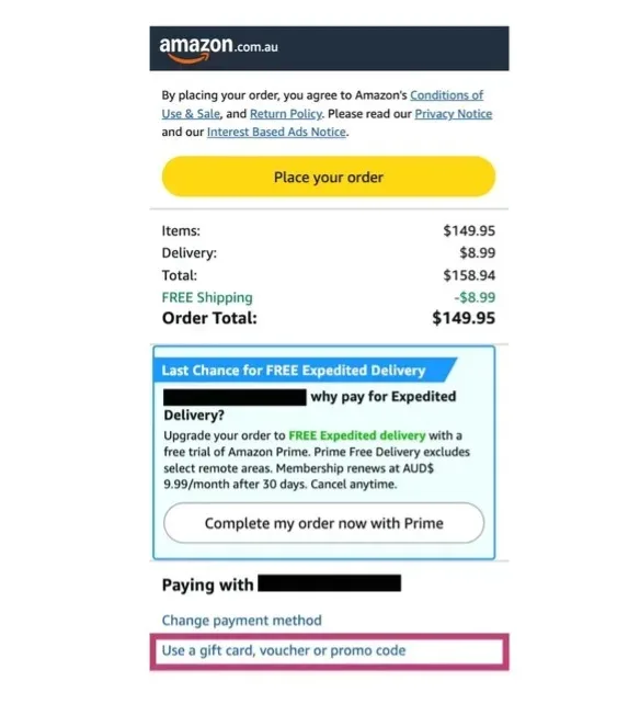 Amazon mobile checkout screens showing where to enter Amazon promo codes