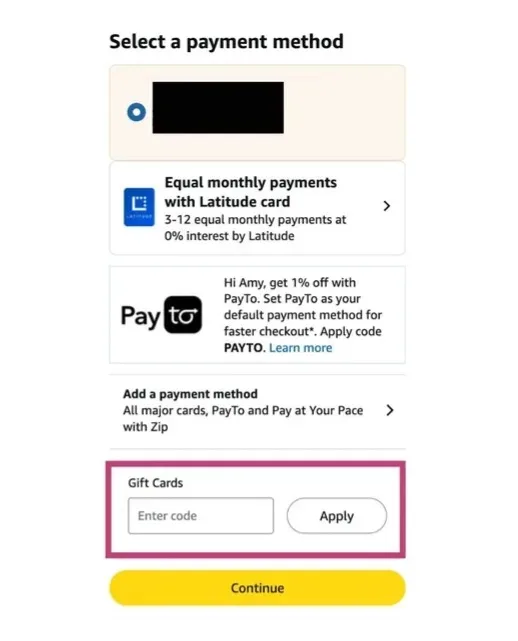 Amazon mobile checkout screens showing where to enter Amazon promo codes