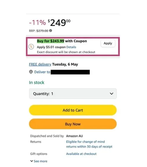 Screenshots of an Amazon promo code offer for a product before it's been added to cart.