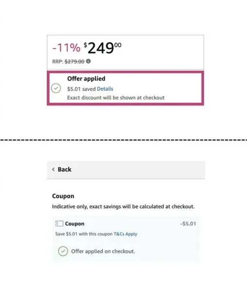 Screenshots of an Amazon promo code offer for a product before it's been added to cart.