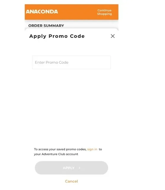 Anaconda checkout screens showing where to enter an Anaconda discount code