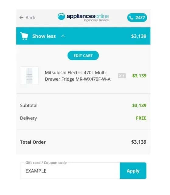 Appliances Online checkout screen showing where to enter an Appliances Online discount code