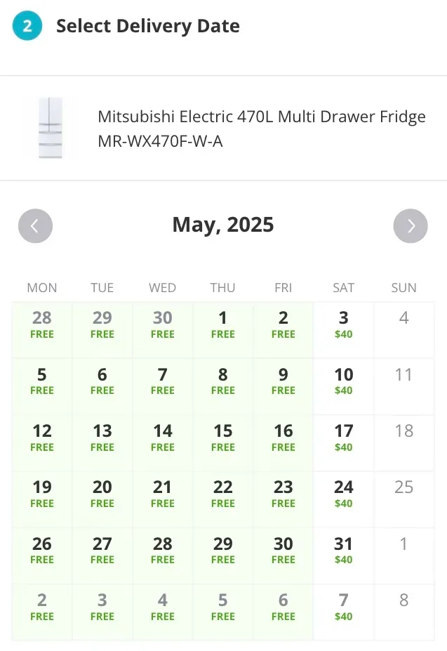 Appliances Online delivery calendar showing May 2025 dates with Appliances Online discount code available