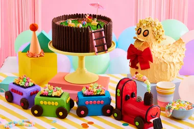 cakes from aww birthday cake book including choo choo train, rubber ducky and swimming pool