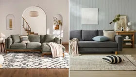 A split image. On the left, a green sectional sofa from Castlery sits on a patterned rug in a bright room with arched doorways. On the right, a dark grey sofa from Koala is placed on a light-colored rug in a room with light blue walls and a wooden side table.