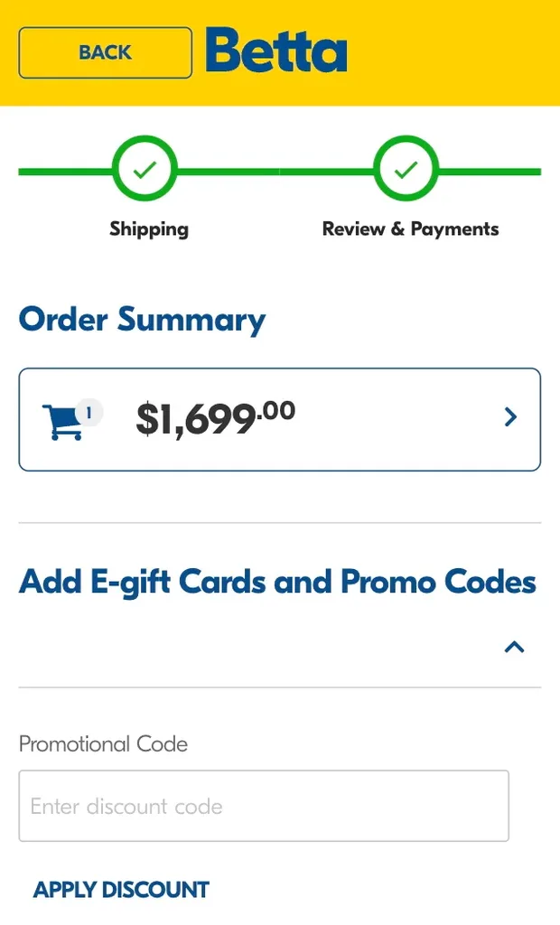 Betta checkout screen showing where to enter Betta discount codes