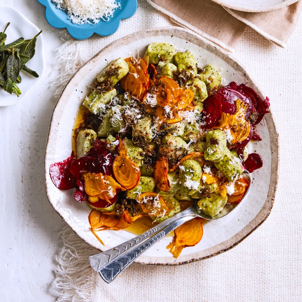 gnocchi with beetroot and chestnuts in a bowl