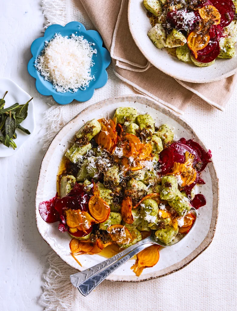 gnocchi with beetroot and chestnuts in a bowl