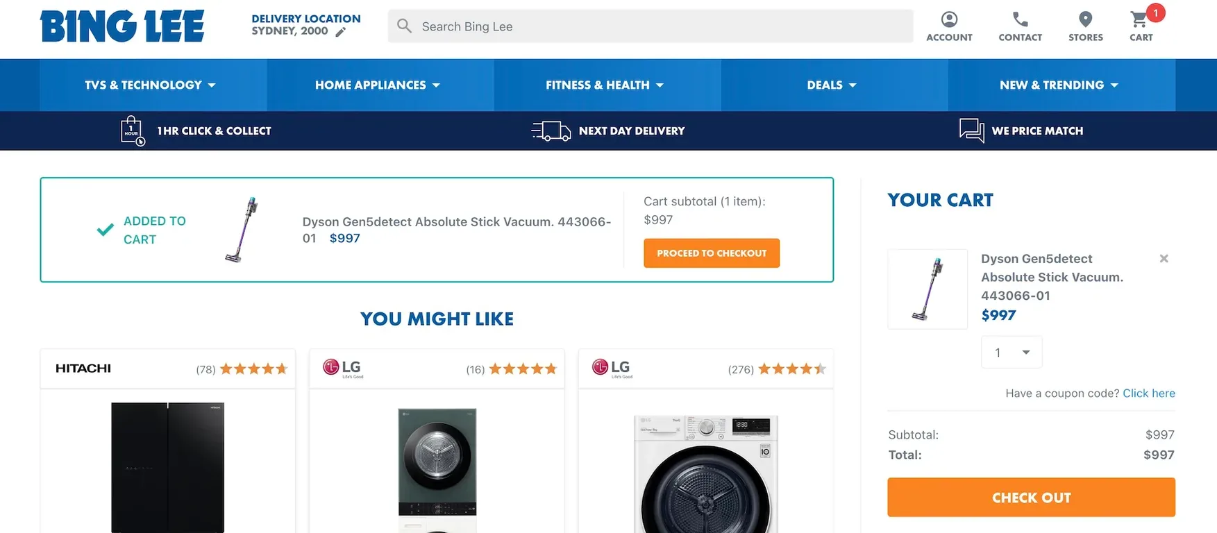 Bing Lee desktop site showing access to Bing Lee discount code field before cart