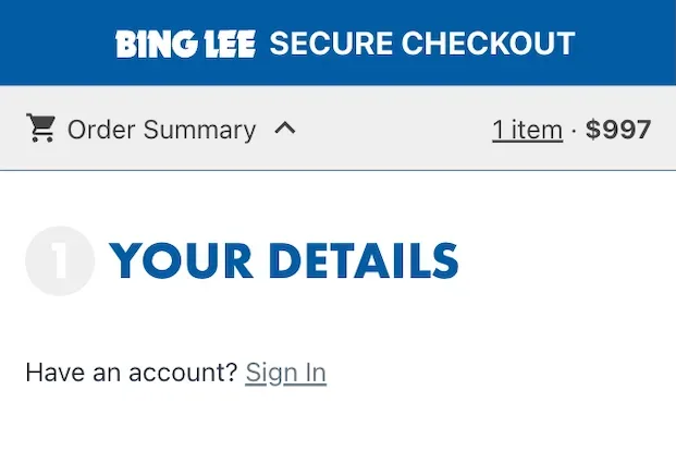 Bing Lee order page showing Order Summary section before entering a Bing Lee discount code