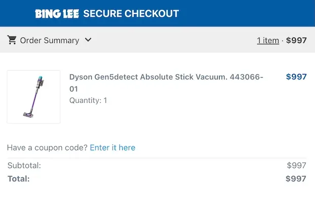 Bing Lee Order Summary with prompt to enter a Bing Lee discount code