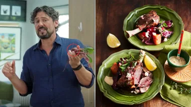 Colin Fassnidge portrait inset with lamb shanks recipe with beetroot