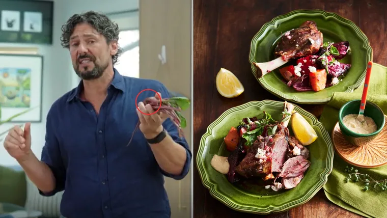 Colin Fassnidge portrait inset with lamb shanks recipe with beetroot
