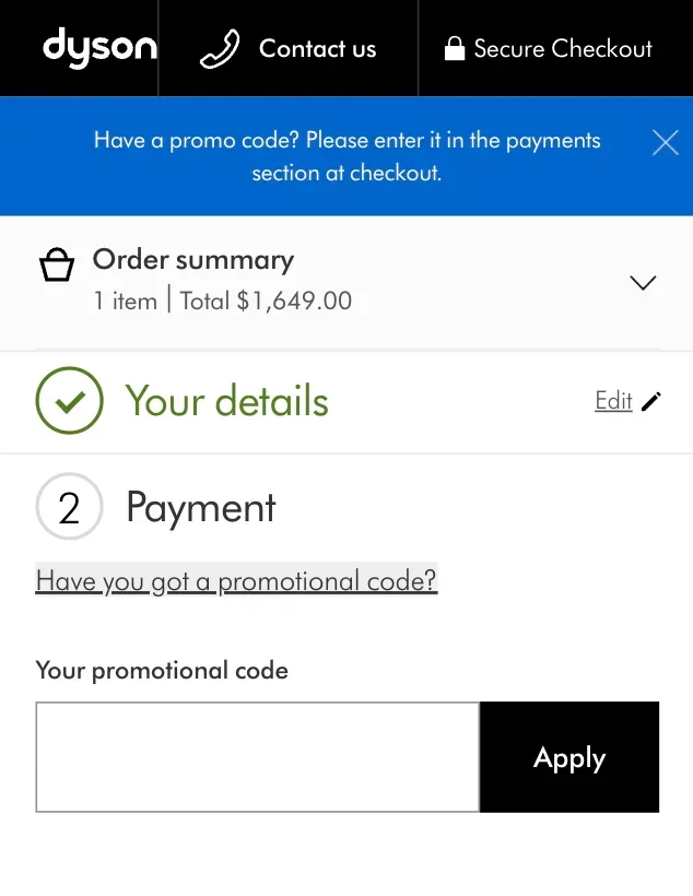 Dyson checkout screen showing where to enter a Dyson discount code