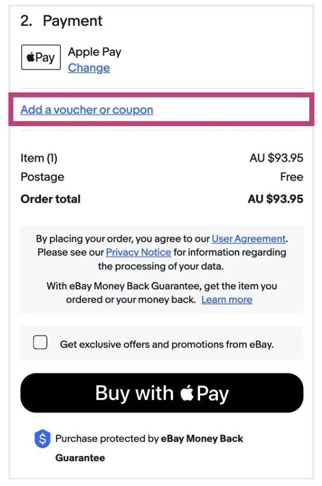 eBay mobile checkout with highlighted area to add an eBay discount code