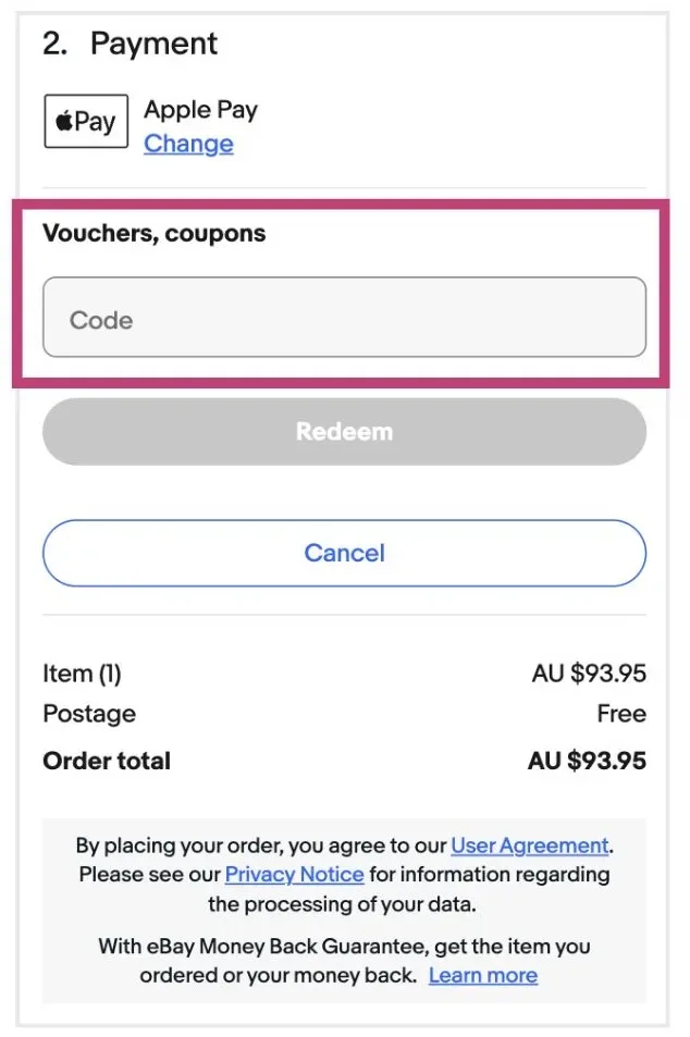 eBay checkout screen showing where to enter an eBay discount code