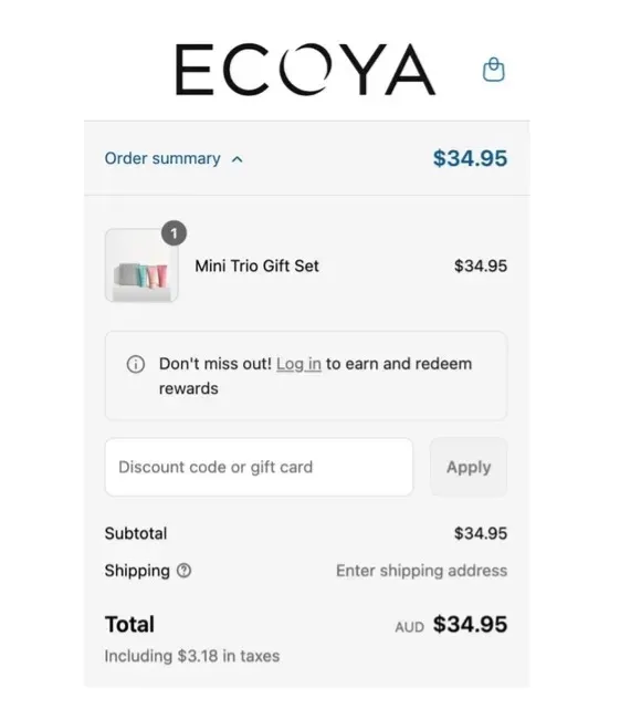 Mobile view of Ecoya checkout with Ecoya discount codes field visible
