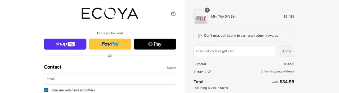 Ecoya desktop checkout showing Ecoya discount codes field on the right side of the screen
