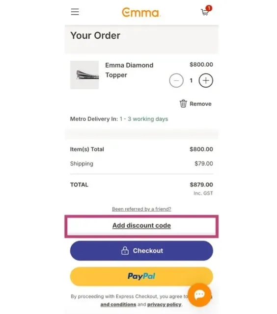 Emma Sleep cart screenshot showing where to enter an Emma Sleep discount code
