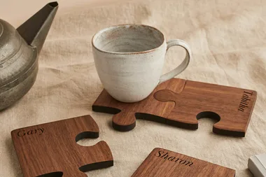 Personalised jigsaw puzzle coasters from Etsy, available with an Etsy coupon code