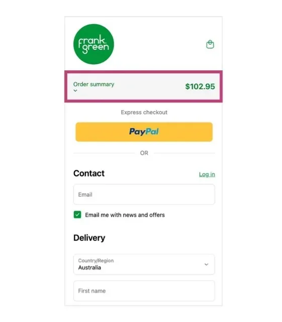 Frank Green mobile checkout showing where to enter a Frank Green discount code in the expanded Order Summary