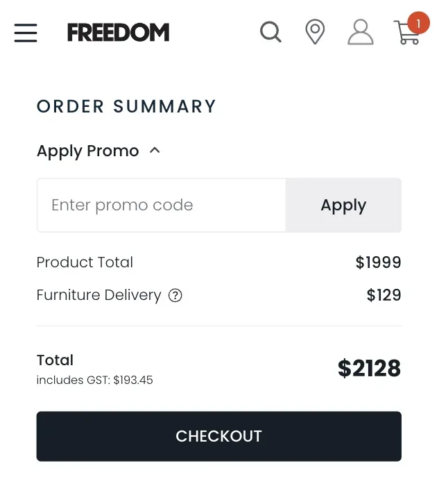 Freedom checkout screen showing where to enter Freedom discount codes under the ‘Apply Promo’ dropdown