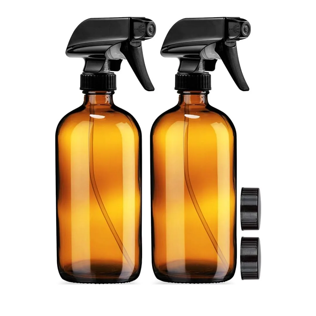 Sally's Organics Empty Amber Glass Spray Bottles with Labels (2 Pack), with each bottle holding 16 fluid ounces, or around 473ml.