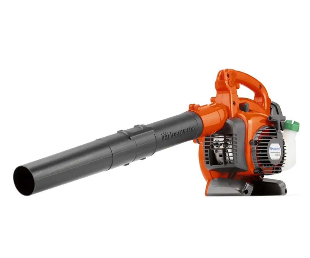 orange husqvarna blower with petrol engine and large handle on the top